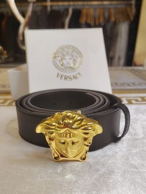 Versace Black Leather Belt with Gold Medusa Buckle